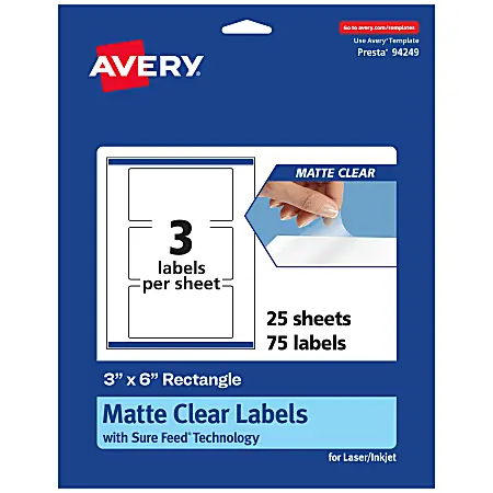 In Demand Avery&reg; Permanent Labels With Sure Feed&reg;, 94249-CMF25, Rectangle, 3" x 6", Matte Clear, Pack Of 75