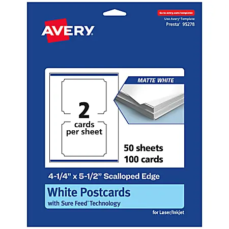 Fan Favorite Avery&reg; Printable Postcards With Sure Feed&reg; Technology, 95278-MWC50, Rectangle Scalloped, 4.25" x 5.5", Matte White, Pack Of 100
