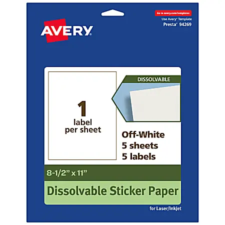 Warranty Included Avery&reg; Dissolvable Labels, 94269-DWMP5, Rectangle, 8-1/2"x11", Matte Off-White, Pack Of 5