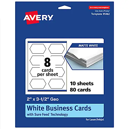 Avery&reg; Print-To-The-Edge Business Cards With Sure Feed&reg; Technology, 2"x3-1/2" Geo, Matte White, Pack Of 80 New Release