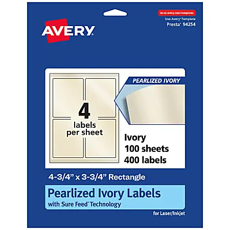 Markdown Avery&reg; Pearlized Permanent Labels With Sure Feed&reg;, 94254-PIP100, Rectangle, 4-3/4" x 3-3/4", Ivory, Pack Of 400 Labels