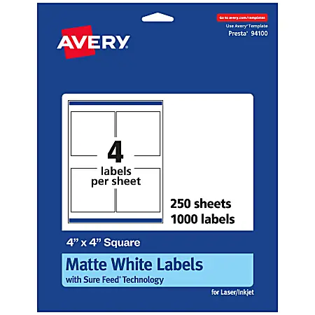 Big Sale Avery&reg; Permanent Labels With Sure Feed&reg;, 94100-WMP250, Square, 4" x 4", White, Pack Of 1,000
