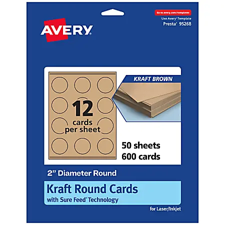 Certified Avery&reg; Printable Business Cards With Sure Feed&reg; Technology, 95268-KMC50, Round, 2" Diameter, Kraft Brown, Pack Of 600