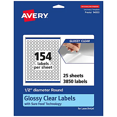 Avery&reg; Glossy Permanent Labels With Sure Feed&reg;, 94503-CGF25, Round, 1/2" Diameter, Clear, Pack Of 3,850 Free Shipping