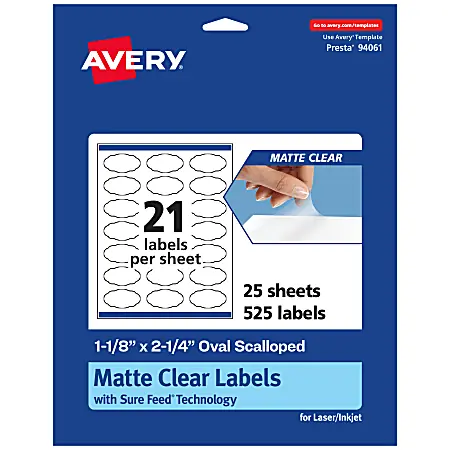 In Demand Avery&reg; Permanent Labels With Sure Feed&reg;, 94061-CMF25, Oval Scalloped, 1-1/8" x 2-1/4", Matte Clear, Pack Of 525