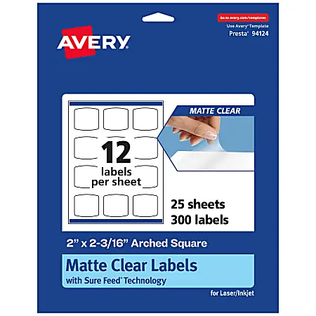 Avery&reg; Permanent Labels With Sure Feed&reg;, 94124-CMF25, Arched Square, 2" x 2-3/16", Matte Clear, Pack Of 300 Hot Picks